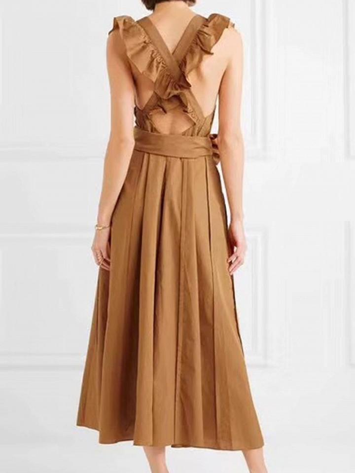 Choies Dark Brown Cotton V-neck Tie Waist Ruffle Trim Chic Women Maxi Dress