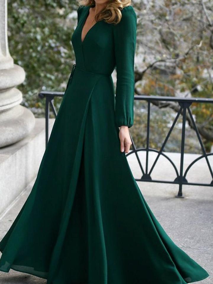 Choies Green V-neck Tie Waist Long Sleeve Women Maxi Dress