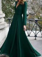 Choies Green V-neck Tie Waist Long Sleeve Women Maxi Dress