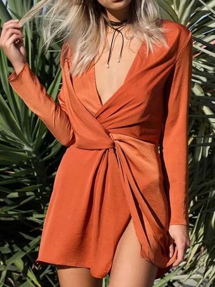 Choies Orange Plunge Split Front Long Sleeve Chic Women Mini Dress