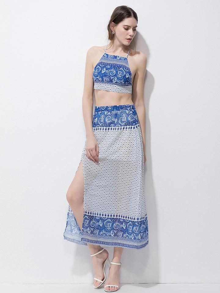 Choies Blue Tile Strap Back Cross Crop Top And Side Split Maxi Skirt