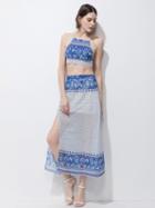 Choies Blue Tile Strap Back Cross Crop Top And Side Split Maxi Skirt