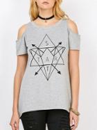 Choies Gray Cold Shoulder Letter Print T-shirt