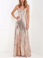 Choies Gold V-neck Spaghetti Strap Sequin Detail Open Back Maxi Dress