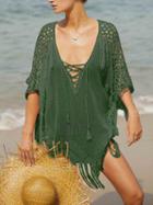 Choies Army Green Plunge Lace Up Front Cut Out Side Tassel Trim Blouse