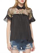Choies Black Sheer Mesh Panel Embroidery Detail Blouse