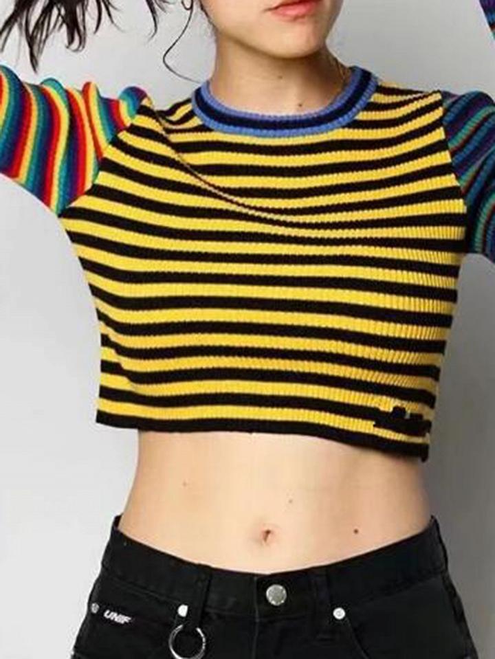 Choies Multicolor Stripe Ribbed Long Sleeve Crop Top