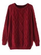 Choies Burgundy Cable Long Sleeve Chunky Knit Sweater