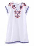 Choies White V-neck Embroidery Floral Side Slit Dress-top