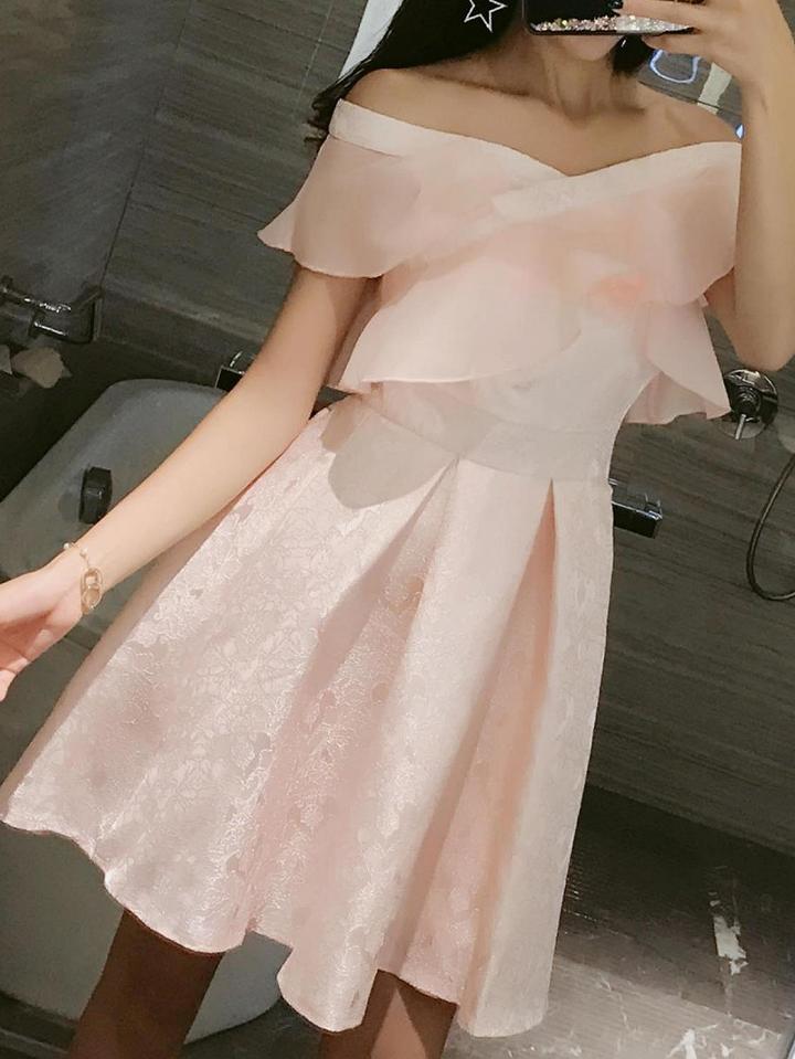 Choies Pink Jacquard Off Shoulder Ruffle Box Pleat Skater Dress