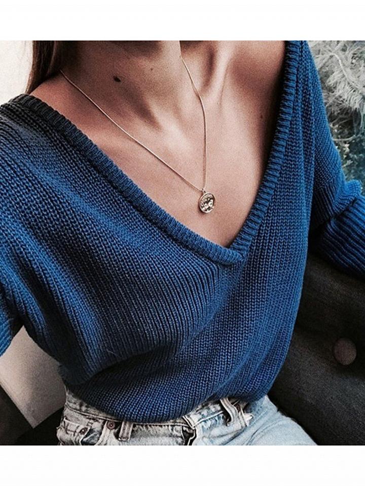 Choies Blue V-neck Long Sleeve Women Knit Sweater