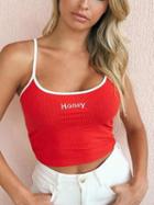 Choies Red Spaghetti Strap Letter Embroidery Crop Tank