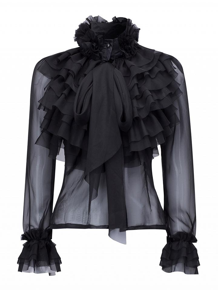 Choies Black High Neck Bow Tie Front Layered Ruffle Sheer Shirt