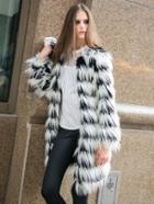 Choies Black And White Stripes Long-line Fox Faux Fur Tassels Warm Coat