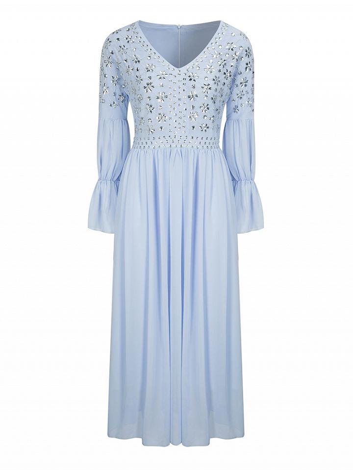 Choies Blue V-neck Beaded Flared Sleeves Maxi Dress