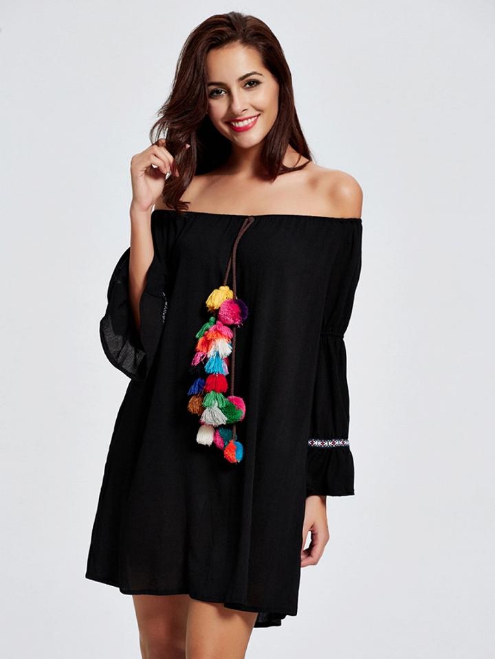 Choies Black Off Shoulder Pom Pom Long Sleeve Shift Dress