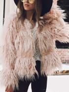 Choies Pink Collarless Open Front Fluffy Faux Fur Coat
