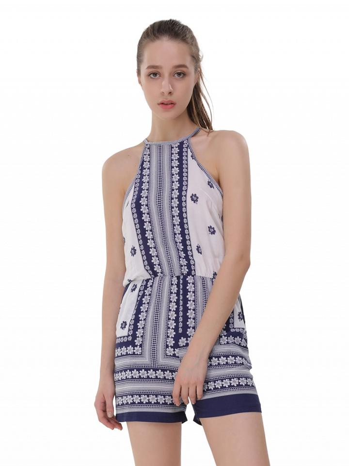 Choies Blue Geo-tribal Halter Cut Away Open Back Romper Playsuit