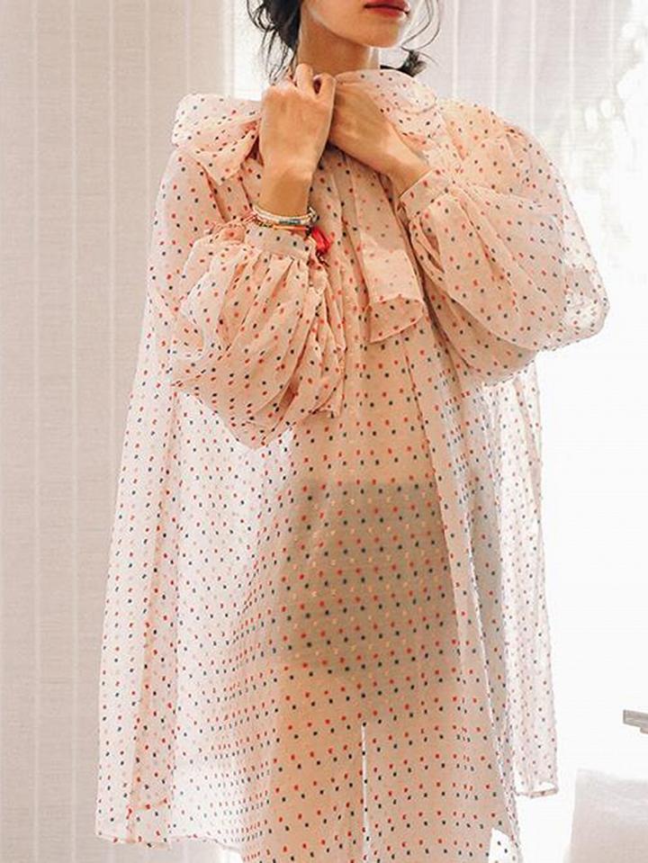 Choies Pink Polka Dot Tie Detail Long Sleeve Sheer Chic Women Mini Dress