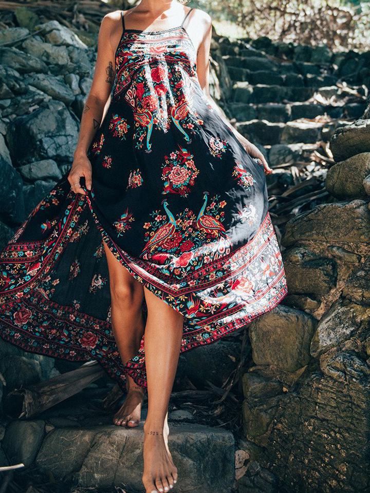 Choies Black Floral Print Low Back Cami Maxi Dress