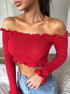 Choies Red Off Shoulder Frill Trim Long Sleeve Ribbed Crop Top