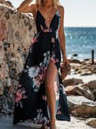 Choies Black Spaghetti Strap Plunge Floral Print Open Back Maxi Dress