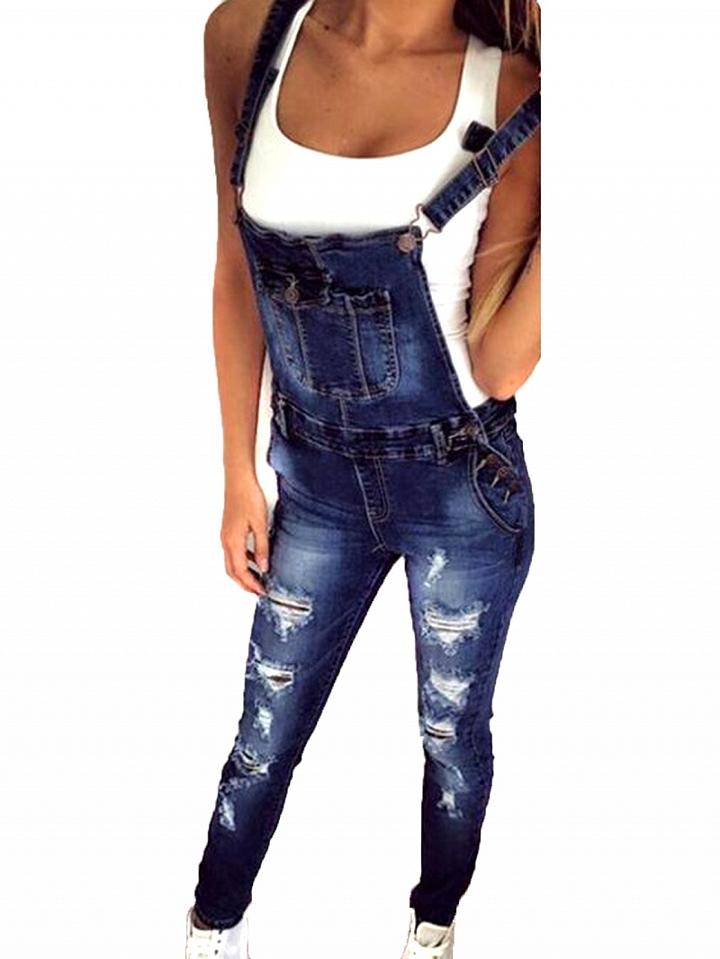 Choies Dark Blue Ripped Detail Denim Overall