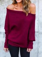 Choies Burgundy Cold Shoulder Batwing Sleeve Ribbed T-shirt