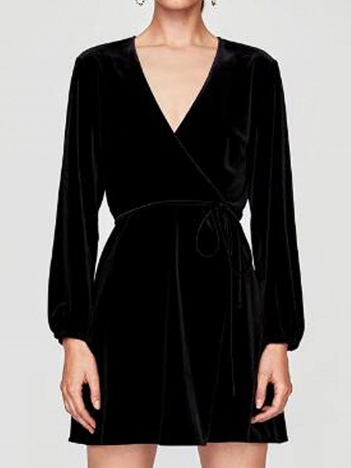 Choies Black Velvet V-neck Long Sleeve Wrap Dress