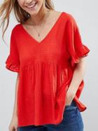 Choies Red V-neck Frill Trim Blouse