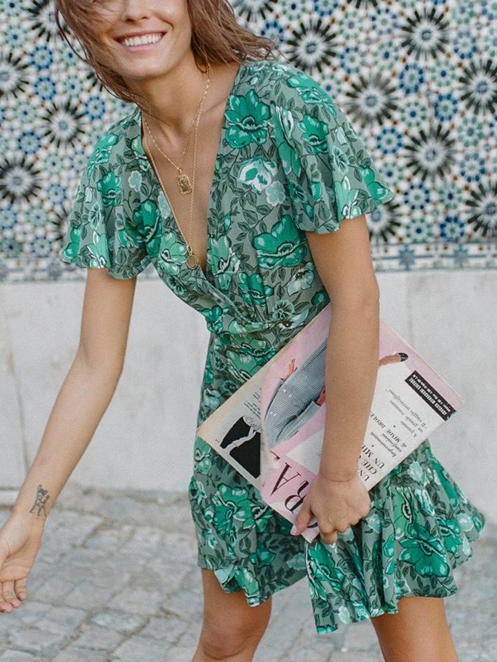 Choies Green V-neck Floral Print Ruffle Hem Chic Women Mini Dress