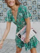 Choies Green V-neck Floral Print Ruffle Hem Chic Women Mini Dress