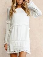 Choies White Tassel Trim Long Sleeve Mini Dress