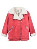 Choies Red Lapel Shearling Oversize Coat With Zipper Detail