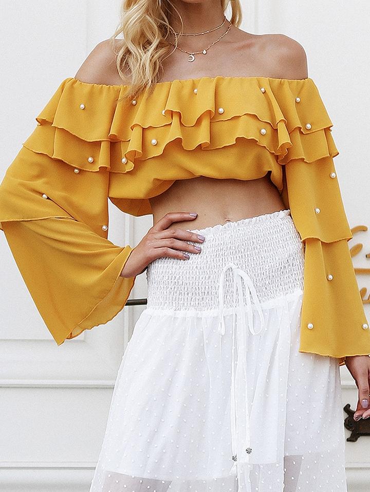 Choies Yellow Off Shoulder Beaded Detail Flare Sleeve Chic Women Crop Blouse