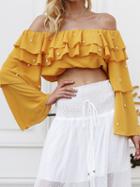 Choies Yellow Off Shoulder Beaded Detail Flare Sleeve Chic Women Crop Blouse