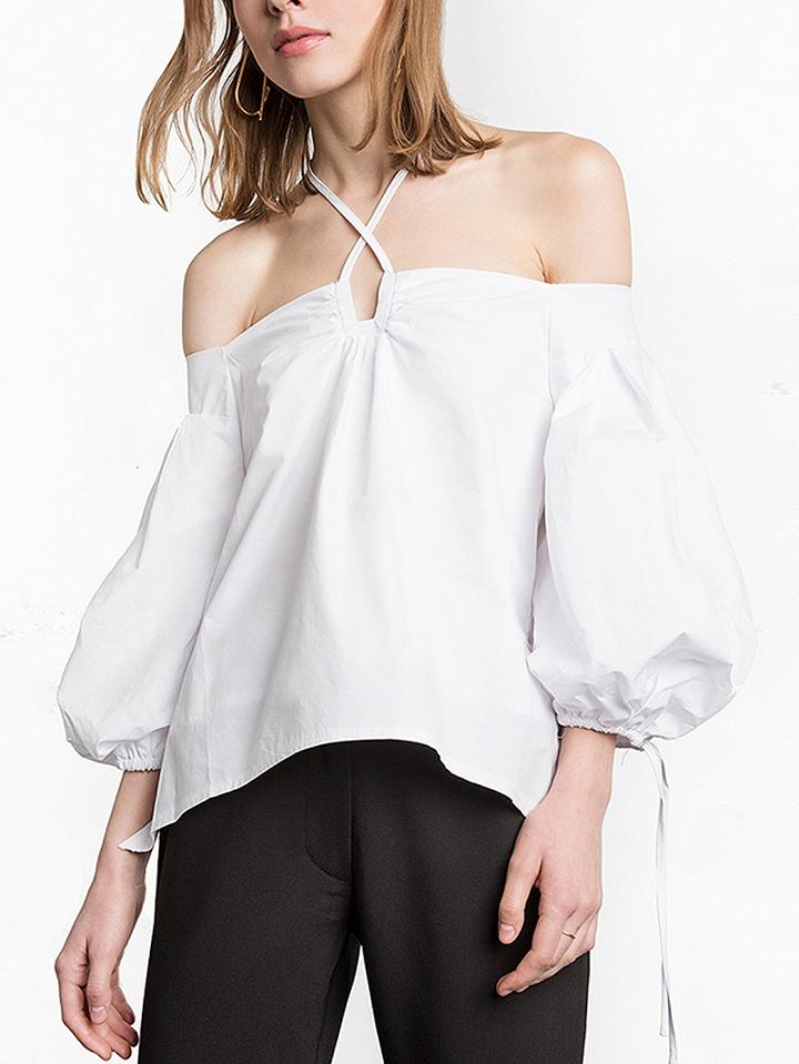 Choies White Off Shoulder Halter Puff Sleeve Top