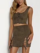 Choies Army Green Faux Suede Lace Up Crop Tank Top And Mini Pencil Skirt