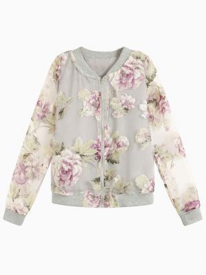 Choies Organza Bomber Coat With Purple Flower