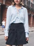 Choies Blue Plunge Neck Lace Up Sleeve Denim Shirt