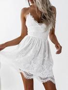 Choies White V Neck Lace Up Back Scallop Hem Lace Cami Dress