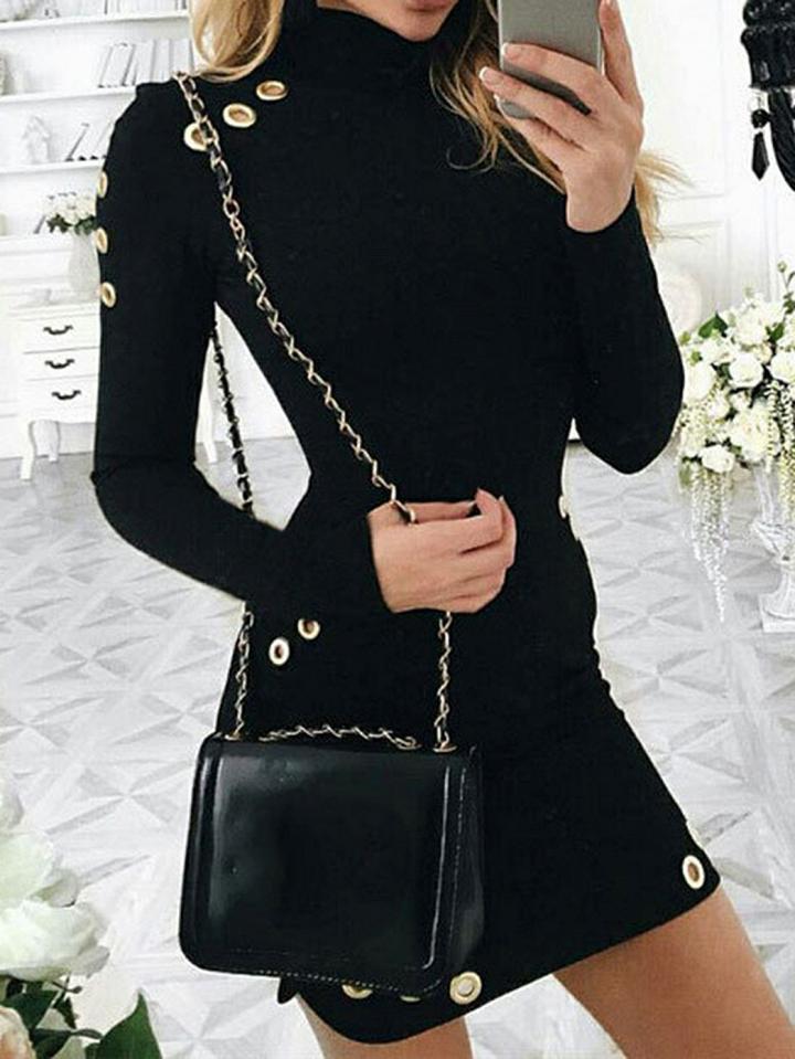 Choies Black High Neck Eyelet Detail Long Sleeve Knit Bodycon Mini Dress