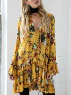 Choies Yellow Floral Print Ruffle Trim Button Front Long Sleeve Dress