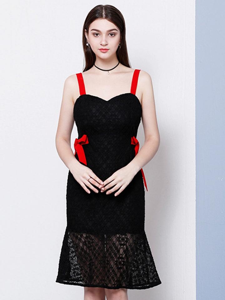 Choies Black Contrast Bow Tie Side Lace Panel Shoulder Strap Dress