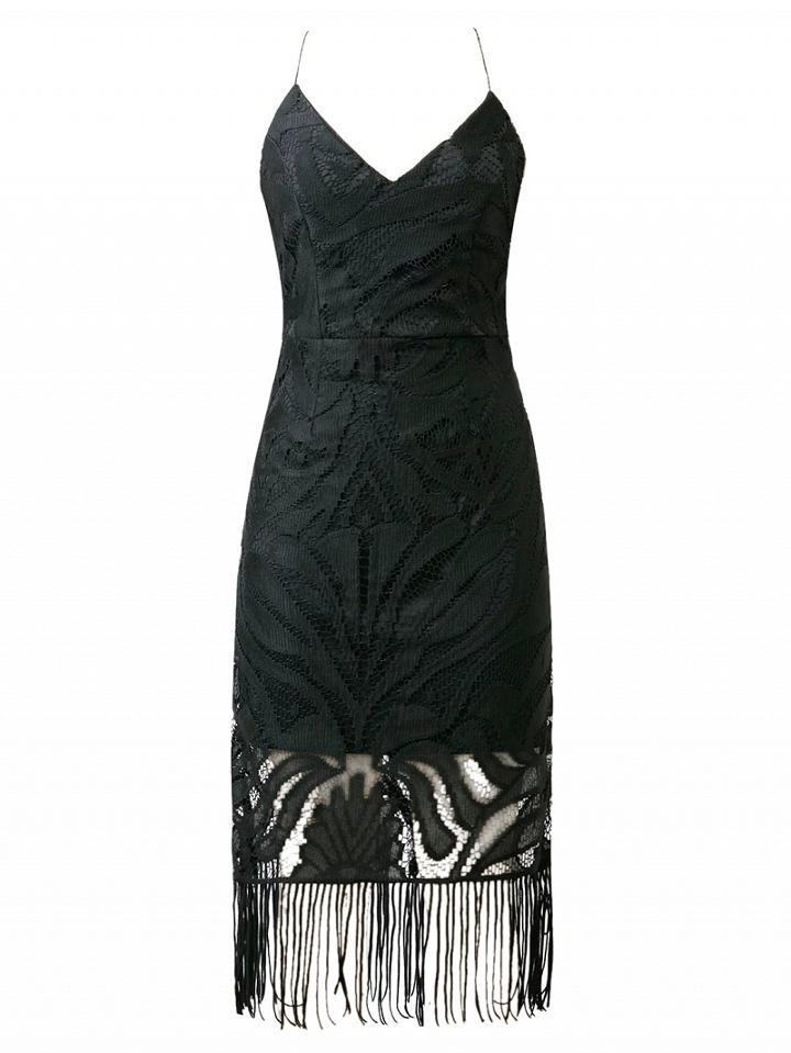 Choies Black V-neck Strap Back Cross Tassel Detail Bodycon Lace Dress