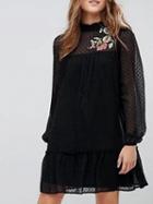 Choies Black Floral Embroidery Ruffle Trim Long Sleeve Mini Dress