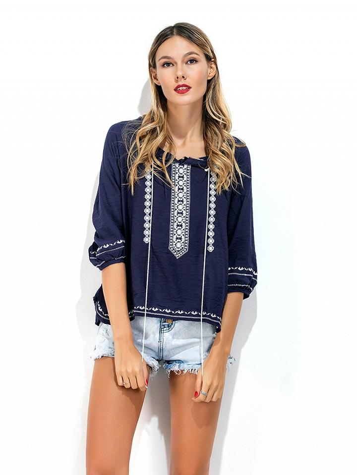Choies Blue Embroidery Detail Tie Front Side Split 3/4 Sleeve Blouse