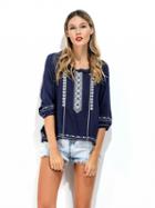 Choies Blue Embroidery Detail Tie Front Side Split 3/4 Sleeve Blouse