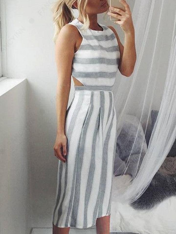 Choies Gray Stripe Cut Out Back Jumpsuit