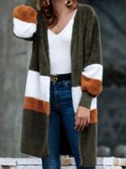 Choies Army Green Open Front Stripe Panel Long Sleeve Chic Women Cardigan